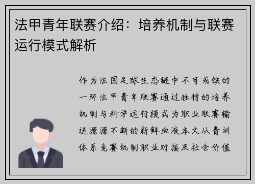 法甲青年联赛介绍：培养机制与联赛运行模式解析