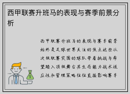 西甲联赛升班马的表现与赛季前景分析