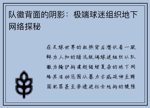 队徽背面的阴影：极端球迷组织地下网络探秘